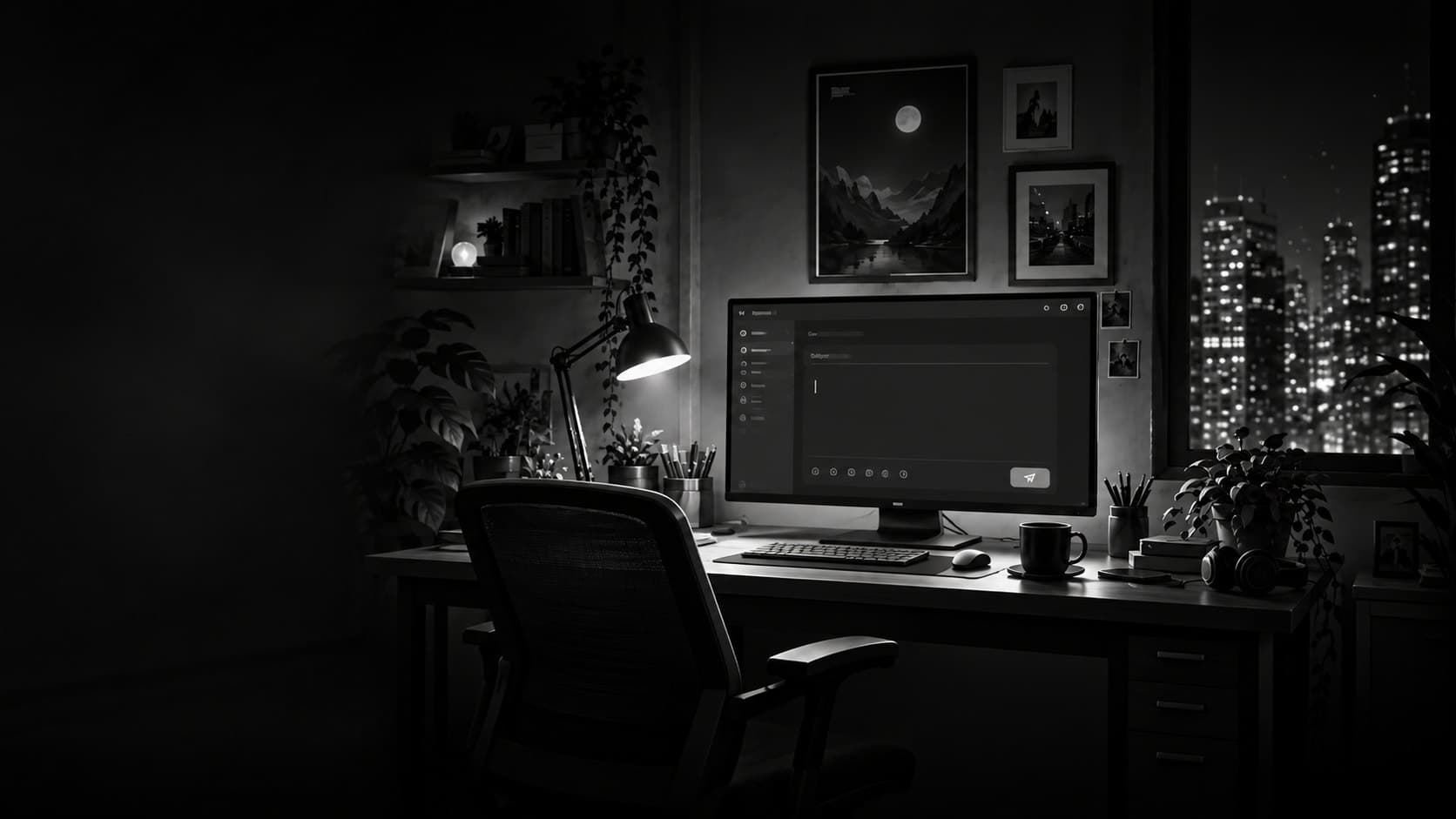 The same desk at night, the chair pushed back and the screen left on.